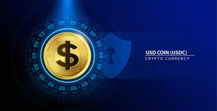 USD Coin USDC coin gold Cryptocurrency blockchain Future digital currency replacement technology.