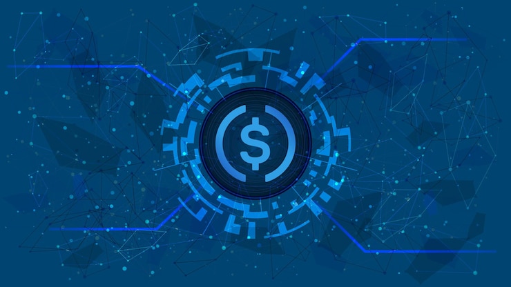 Vector usd coin usdc token symbol in digital circle with cryptocurrency theme on blue background cryptocurrency icon for banner or news vector illustration