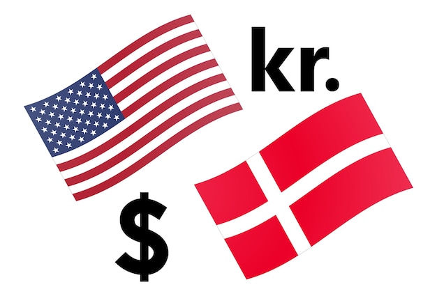 USDDKK forex currency pair vector illustration. American and Danish flag, with Dollar and Krone symbol.