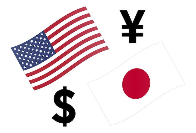 USDJPY forex valuta paar vectorillustratie. Amerikaanse en Japanse vlag, met Dollar en Yen symbool.