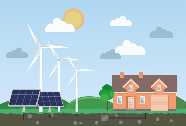 The use of alternative energy in private house. Vector illustration.