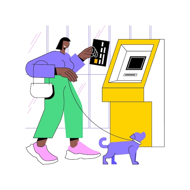 ベクトル atm 分離漫画ベクトル イラストを使用します。プラスチック カードを保持している現金自動預け払い機の近くの笑顔の女の子は、atm 引き出しプロセス銀行サービス ベクトル漫画から現金を取得します。