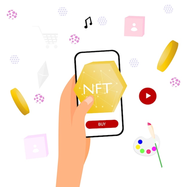 デジタル トランザクション NFT ベクトル図のためのモバイル アプリケーションからの暗号通貨の使用