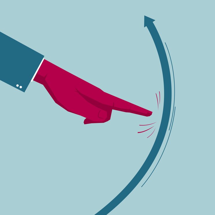 Use the fingers to bend the arrow. Isolated on blue background.