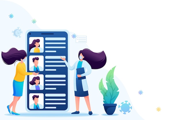 Usa l'app mobile per cercare un medico. mantiene le distanze sociali e indossa le mascherine. piatto 2d. illustrazione vettoriale per il web design.
