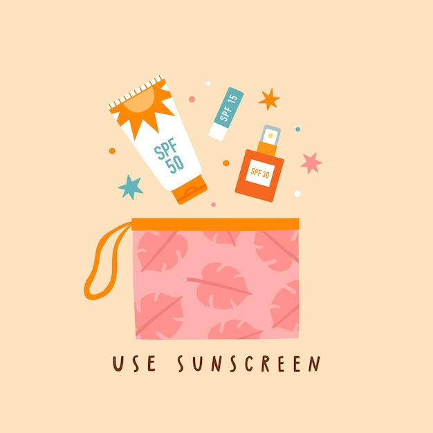 Vector use sunscreen. sun protection routine lotion lip balm and cream illustration