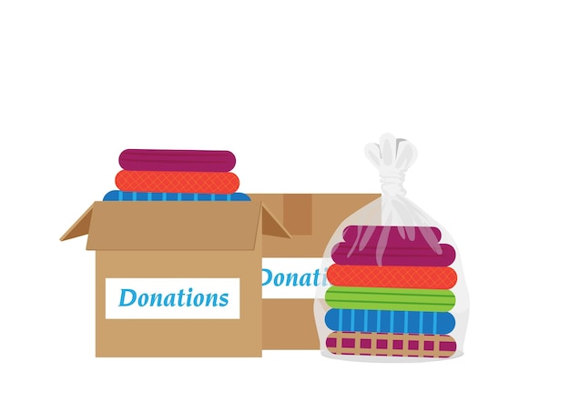 Used clothes in bags and crates separate donation box on white used shirts for donation flat style cartoon illustration vector