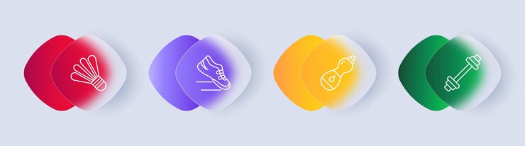 Vector useful hobby set icon shuttlecock sports equipment sneakers running water maintaining hydration heavy weight barbell health care gradient healthy lifestyle concept glassmorphism style