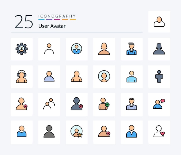 Vector user 25 line filled icon pack including profile man avatar human user