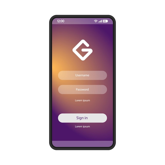 Шаблон вектора страницы смартфона авторизации пользователя