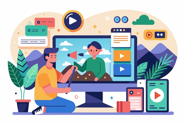 a user creates a unique tutorial on a computer featuring interactive visuals and vibrant graphics video tutorial customizable disproportionate illustration