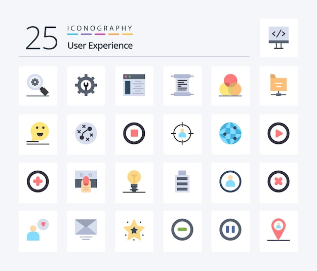 User experience 25 flat color icon pack including files wheel web page rgb script