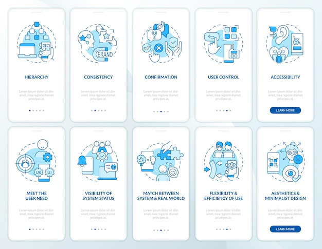 User experience design rules blue onboarding mobile app screen set