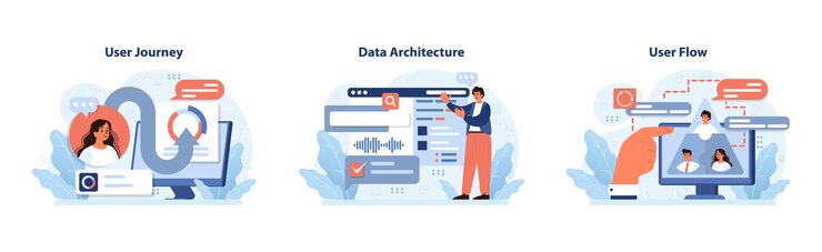 Vector user experience set delving into users path structured data interaction and interface navigation