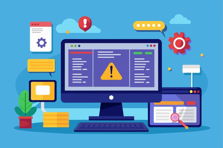 Vector a user faces software problems on their desktop with alerts and troubleshooting tools displayed on screens programming software problems on computers