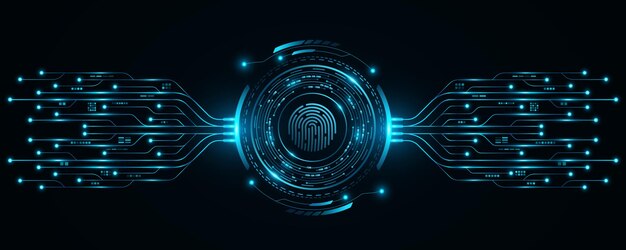 user fingerprint scan with glowing hud circle and electronic computer elements biometric data security touch screen button with ai circuit board for ui and gui design vector illustration