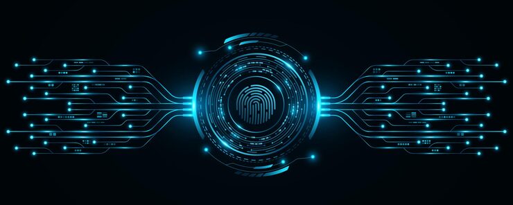 Vector user fingerprint scan with glowing hud circle and electronic computer elements biometric data security touch screen button with ai circuit board for ui and gui design vector illustration