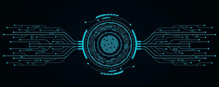 Vector user fingerprint scan with hud circle and electronic computer elements biometric data security touch screen button with ai circuit board for ui and gui design vector illustration