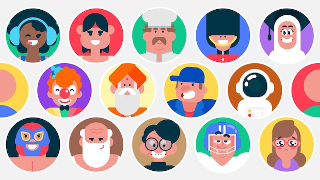 User icons of men and women of different nationalities on multicolor background, People avatars set