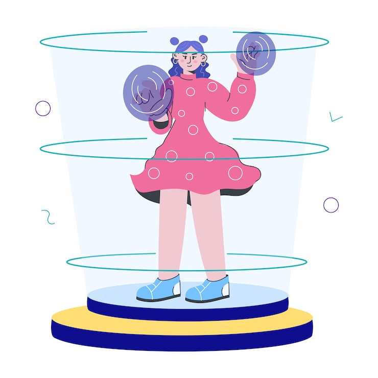 वेक्टर user interaction with vr technology doodle mini illustration