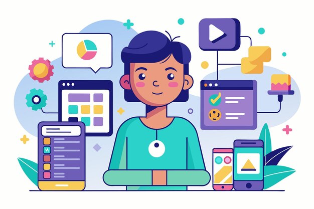 a user interacts with various digital tools and icons to create a customizable app interface progresive app customizable disproportionate illustration