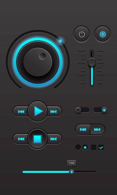 User interface button grey blue light power audio kit design vector illustration