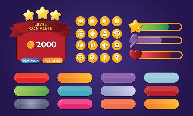 Vector user interface buttons elements and icons set for games or apps game ui buttons mobile application interface elements ui elements collection buttons for mobile development casual games ui kit