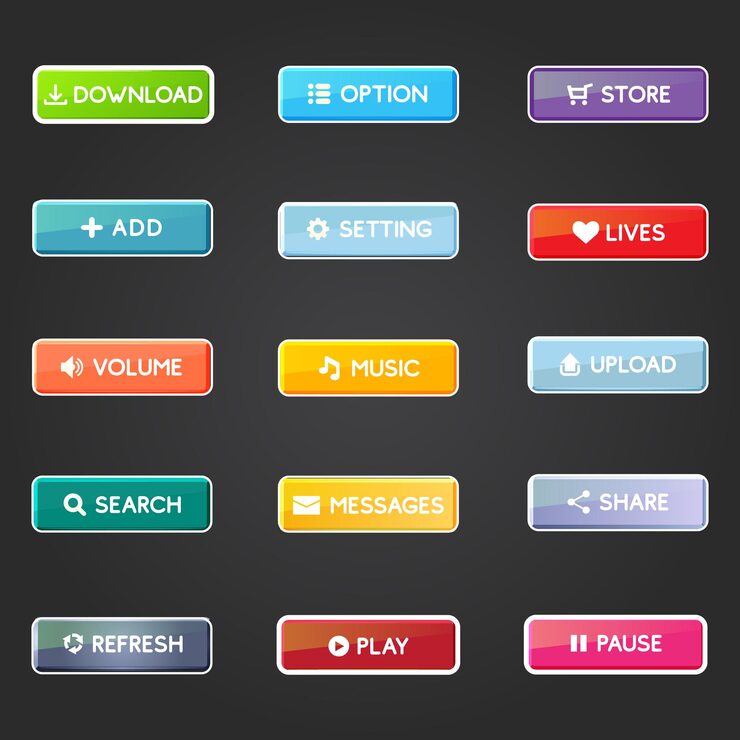 Vector user interface buttons set for games or apps game ui buttons mobile application interface elements collection buttons for mobile development casual games ui kit