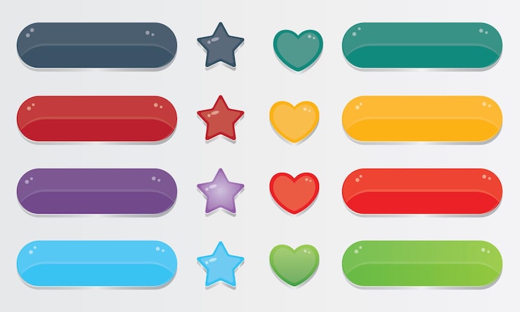 Vector user interface buttons set for games or apps game ui buttons mobile application interface elements collection buttons for mobile development casual games ui kit