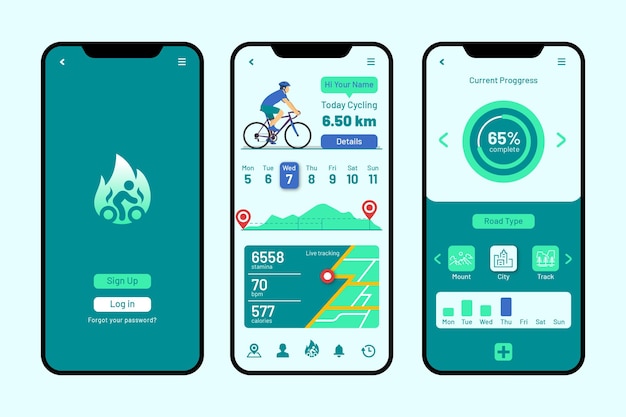 Vettore design dell'interfaccia utente del bike tracker adatto per la progettazione dell'applicazione