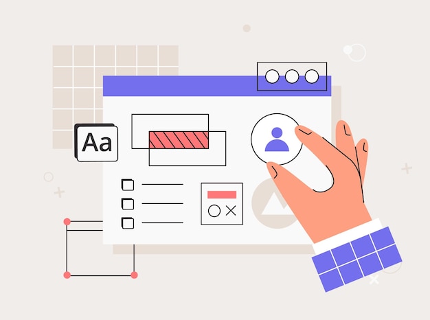 Вектор Разработка пользовательского интерфейса ручная работа над веб-сайтом или программированием приложений ui ux design дизайн опыта тестирования юзабилити иллюстрации в плоском векторном стиле