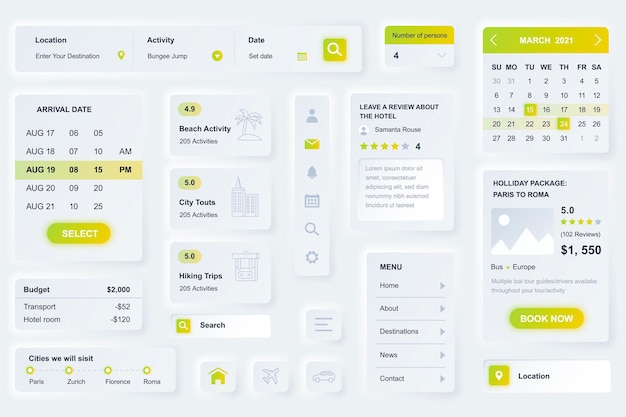 Вектор Элементы пользовательского интерфейса мобильного приложения туристического агентства