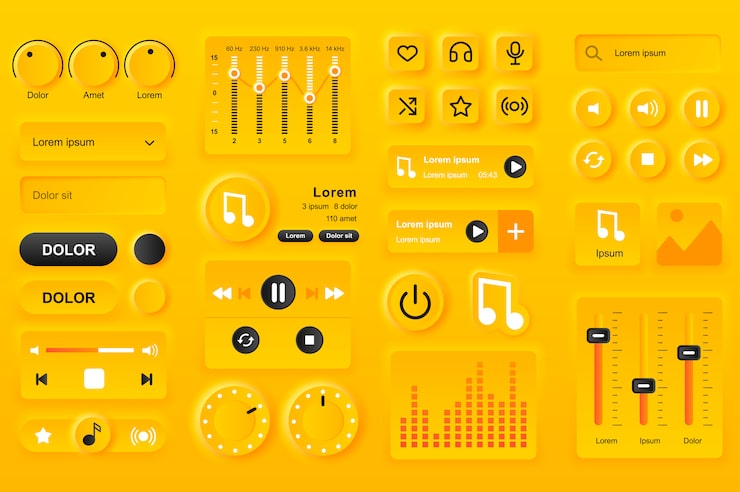 Vector user interface elements for music player mobile app. equalizer settings, playlist with compositions, search bar gui templates. unique neumorphic ui ux design kit. navigation and audio components.