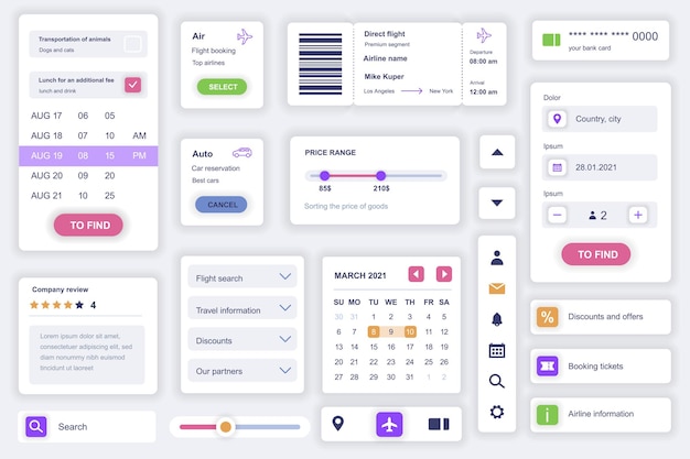 Vector user interface elements set for booking mobile app kit template with hud diagrams airline ticket boarding pass form calendar travel information pack of ui ux gui screens vector components