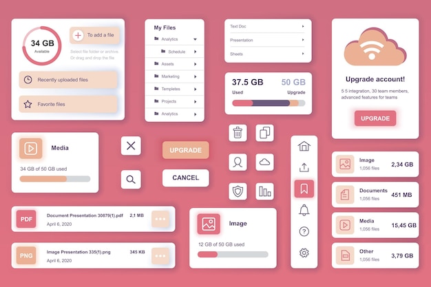 User interface elements set for cloud storage mobile app or web kit template with hud file management online security system account upgrade hosting data pack of ui ux gui vector components