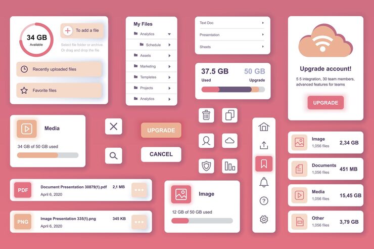 Vector user interface elements set for cloud storage mobile app or web kit template with hud file management online security system account upgrade hosting data pack of ui ux gui vector components