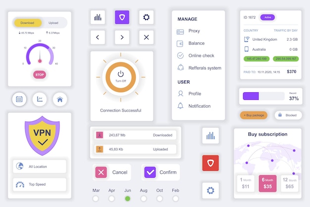 Vettore elementi dell'interfaccia utente impostati per l'app mobile di sicurezza informatica modello di kit con diagrammi hud informazioni sulla connessione dello scudo vpn scarica e carica dati pacchetto di schermate gui ui ux componenti vettoriali