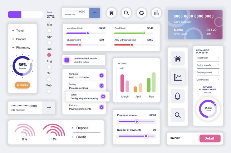 Vector user interface elements set for data analysis mobile app kit template with hud diagrams statistic charts financial report credit card performance pack of ui ux gui screens vector components