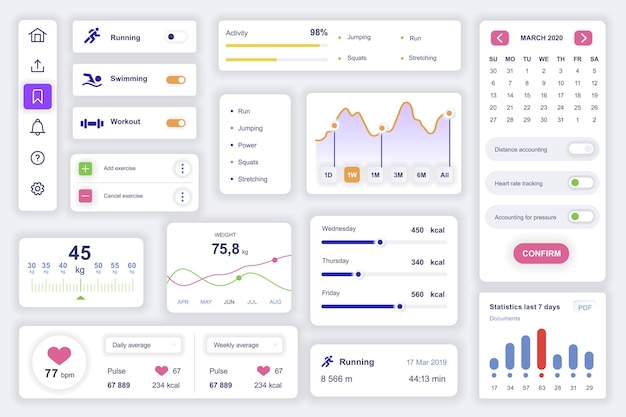 Elementi dell'interfaccia utente impostati per l'app mobile fitness modello di kit con diagrammi hud che eseguono nuoto informazioni sull'allenamento grafici di monitoraggio dell'allenamento confezione di schermate gui ui ux componenti vettoriali