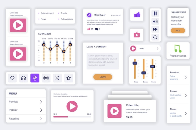 Набор элементов пользовательского интерфейса для мобильного приложения для видеотрубок. шаблон комплекта с hud-диаграммами, кнопка проигрывателя, платформа потоковой передачи, эквалайзер, рейтинг плейлиста. пакет экранов пользовательского интерфейса ux gui. векторные компоненты.