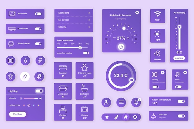 Vettore elementi di interfaccia utente impostati per smart home mobile app o web kit modello con sistema di automazione hud controllo remoto della sala di controllo del termostato sicurezza pacchetto di componenti ui ux gui vector