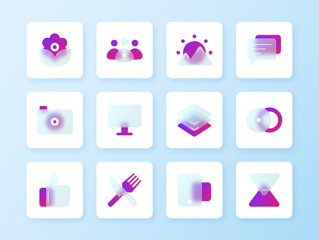 Vector user interface glassmorphism blur effect icon collection