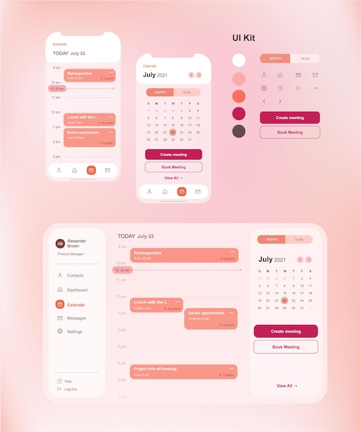 User interface kit with key screens of calendar application with web and mobile mockups and icons