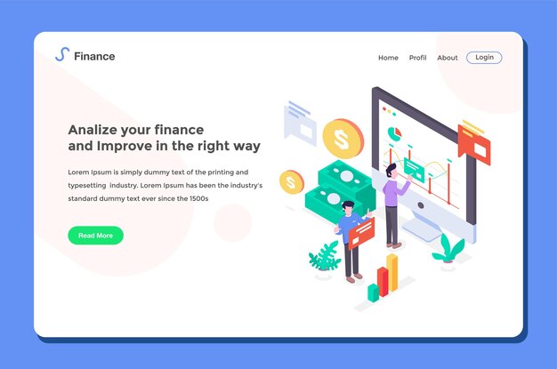 Vector user interface landing page. workers doing financial analysis with diagram cash flat design style