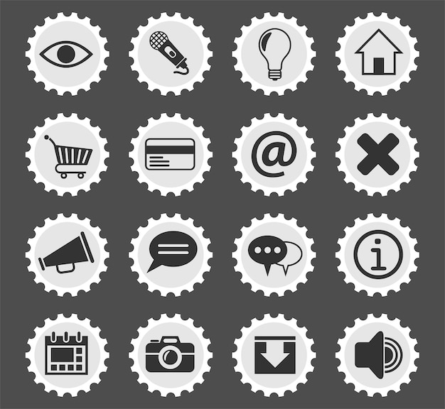 User interface symbols on a round postage stamp stylized icons