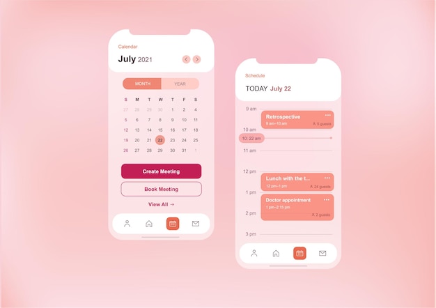 Vettore modello di interfaccia utente per schermate di calendario e calendario delle riunioni luce dell'applicazione mobile