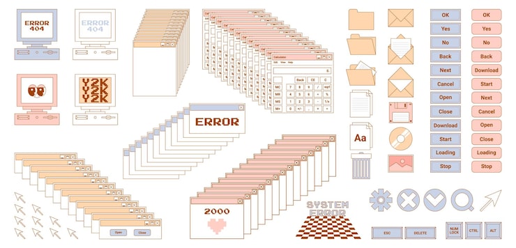 Vector 사용자 인터페이스 y2k 스티커 레트로 아이콘 브라우저 버튼 화면 컴퓨터 폴더 파일 문서 축소판 로드 진행률 표시줄 알림 등 섬세한 파스텔 벡터 그림
