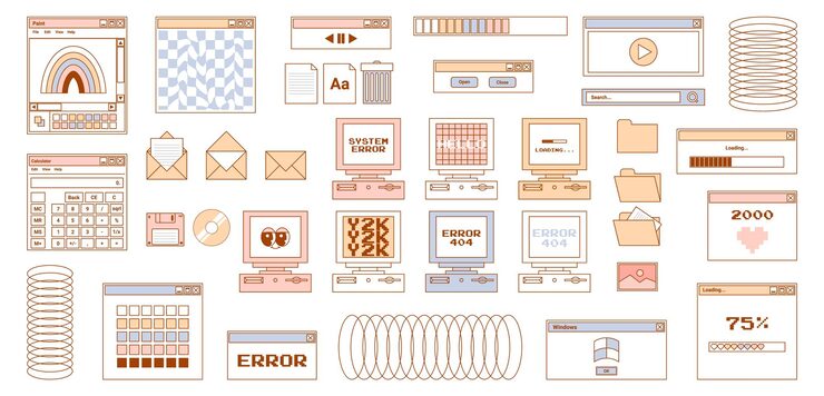 Vector 用户界面 y2k 标签 复古图标 浏览器按 屏幕 计算机文件夹 文件 文件 缩影 加载 进展栏 通知 等 细 的 帕斯特尔 矢量 插图