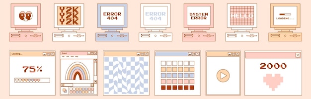 Vector user interface y2k stickers retro personal computers icon nostalgia pc elements delicate pastels