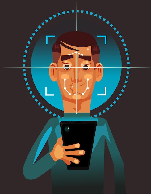 Vector user man character holding smart phone and scanning face